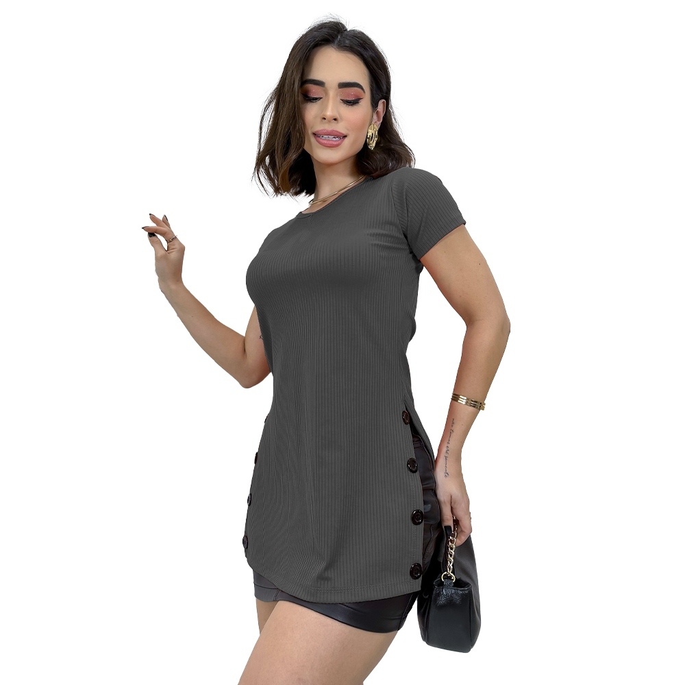 Blusa Feminina Manga Curta T Shirt Canelada Botões Veste Legging Elegante