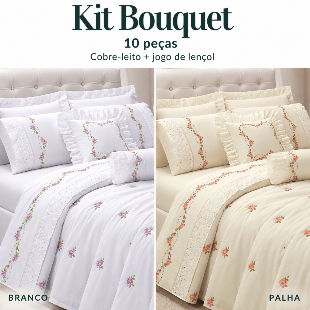 Kit Completo Cobre Leito + Jogo de Lençol Casal OU Queen 180 Fios 100% Algodão Bordado Bouquet