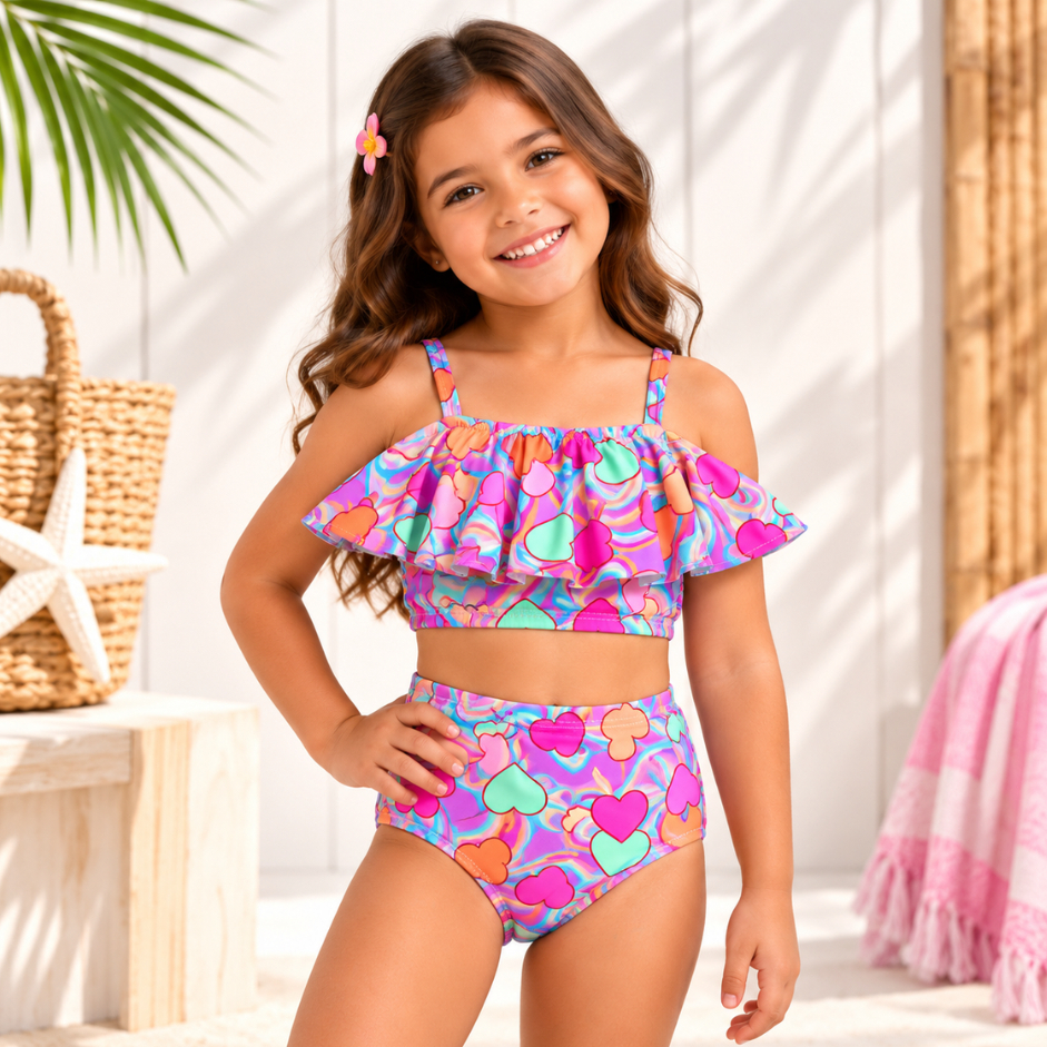 Biquíni Infantil Top de Alça com Babado e Calcinha Modelo Confort Estampas Vivas em Suplex M ao GG