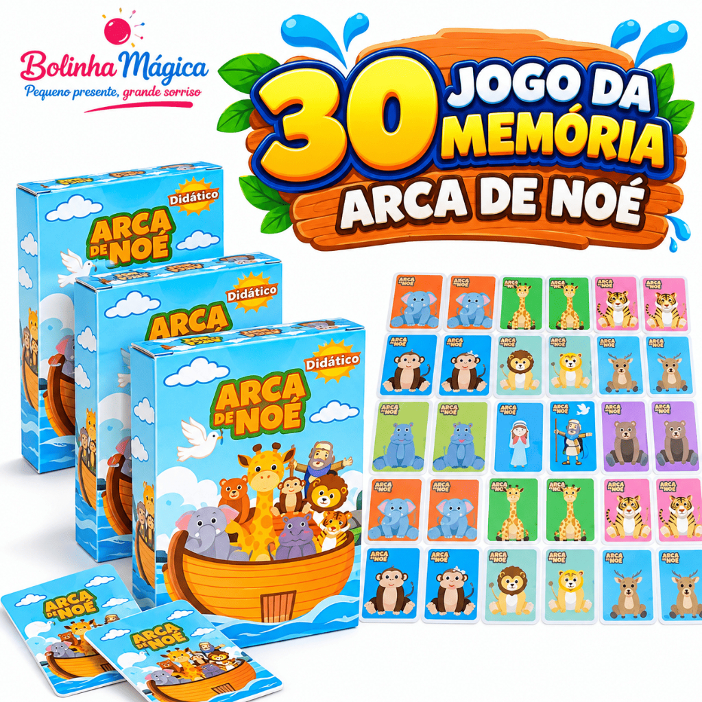 Kit 30 Jogos da Memória Arca de Noé Cartas Ilustrada Didática Brinquedo Dia das Criança Lembrancinha
