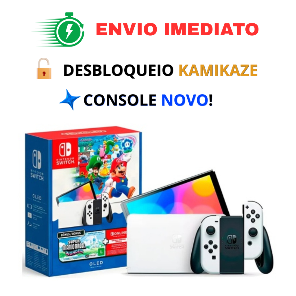 Nintendo Switch OLED NOVO DESBLOQUEIO KAMIKAZE com jogo original Mario Wonder e 3 meses de Nintendo Online