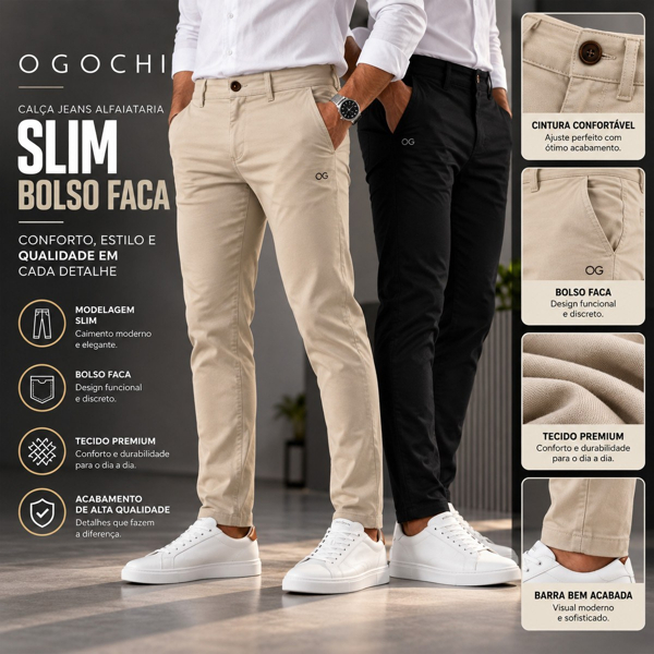 Calça Masculina Sarja Slim Ogochi Elastano Calça Masculina Casual,Social Conforto Premium elegante