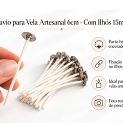 30 Pavios de algodão parafinado branco com ilhós 15mm para velas aromáticas