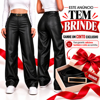 Calça Feminina Wide Leg Cintura Alta Pantalona Couro Premium Preta Modela Corpo
