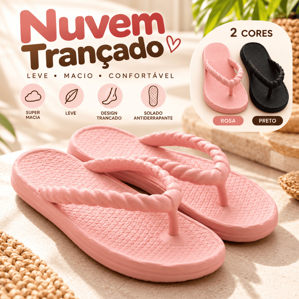 Chinelo Nuvem Trançado Feminino Ortopédico Macio Leve Confortável Sandália de Dedo Plataforma Antiderrapante Rosa Preto