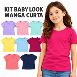 Kit 3 Blusas Manga Curta Infantil Básica Menina, Baby Look Cotton Tamanhos 2 AO 14