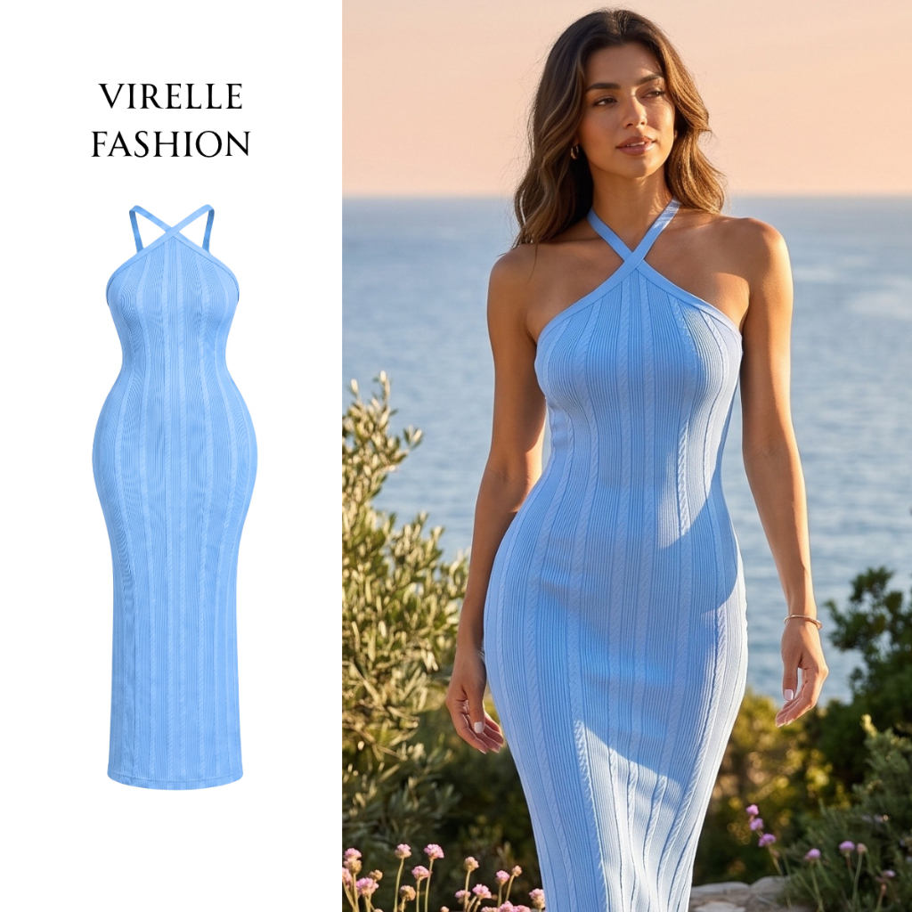 Vestido Longo Feminino Justo Modela Corpo Canelado Alça Cruzada Costas Abertas Fenda Tubinho Elegante
