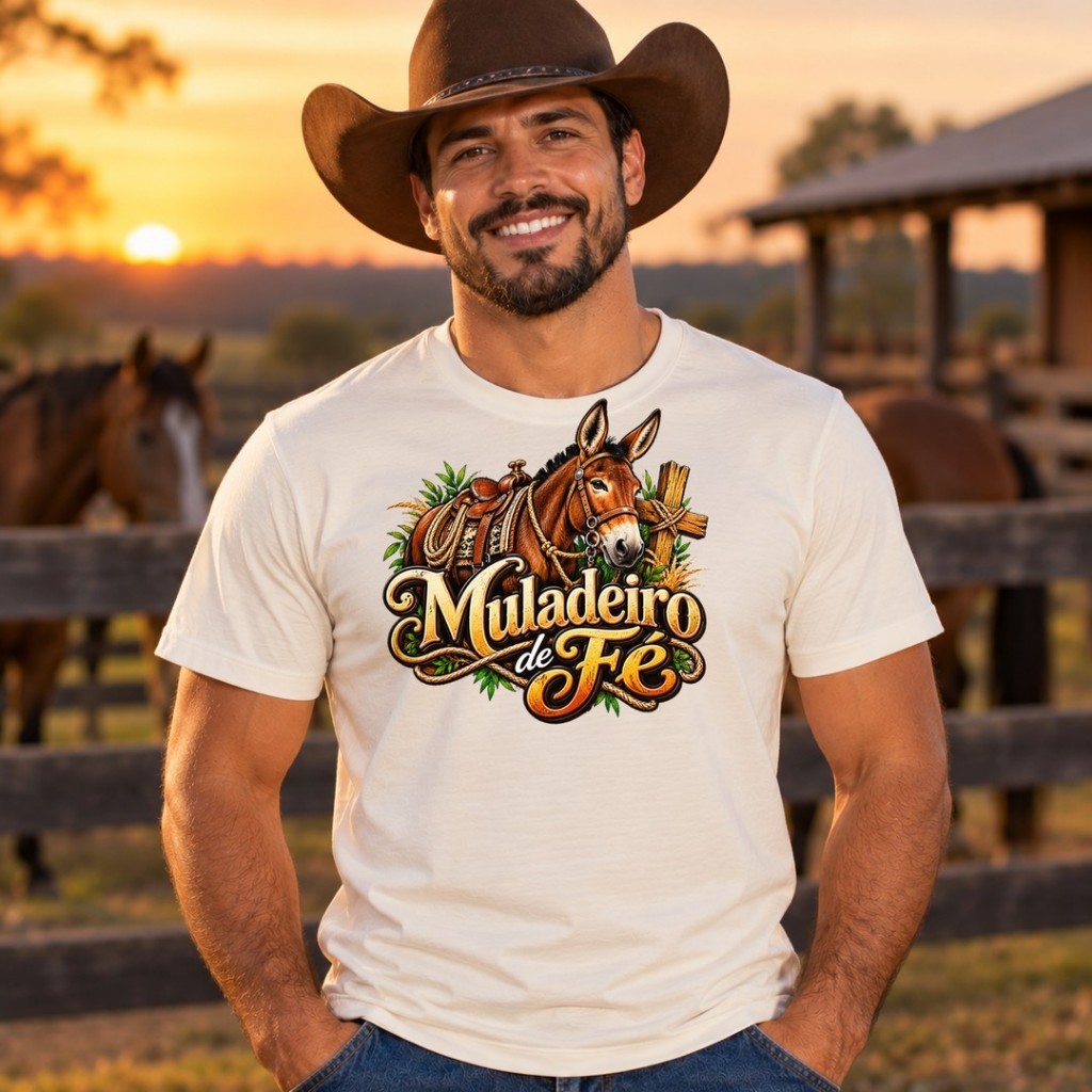 Camiseta Muladeiro de Fé Country Mula Muladeiro Agro Cavalgada Unissex Masculina Feminina Estampada Algodão