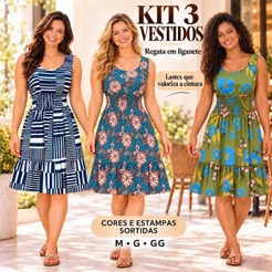 Kit 3 Vestidos Regata Feminino Elastex Na Cintura Liganete Estampado Confortável Sortido Premium