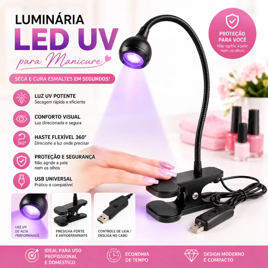 Luminária LED UV Luz Negra com Garra Secagem de Unhas em Gel Nail Art Profissional USB Flexivel