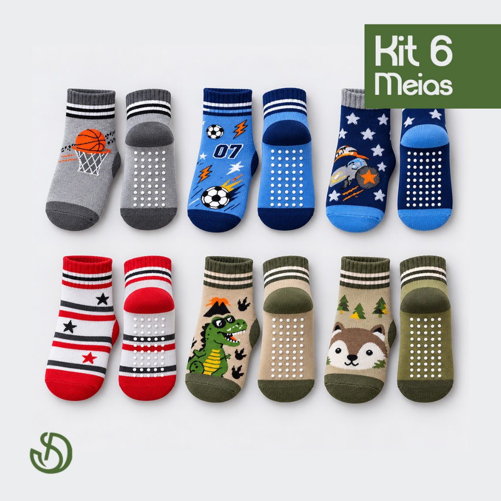 Kit 6 Pares Meias Infantis Masculinas Menino Antiderrapantes Cano Médio Estampadas