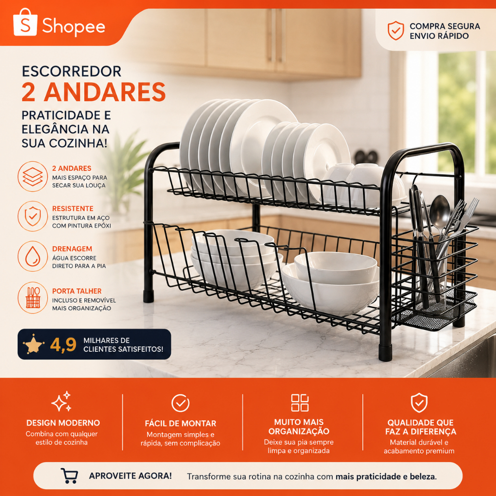 Escorredor De Louça Pia Duplo Design Funcional Prático C/ Porta Talher Metal Encaixável