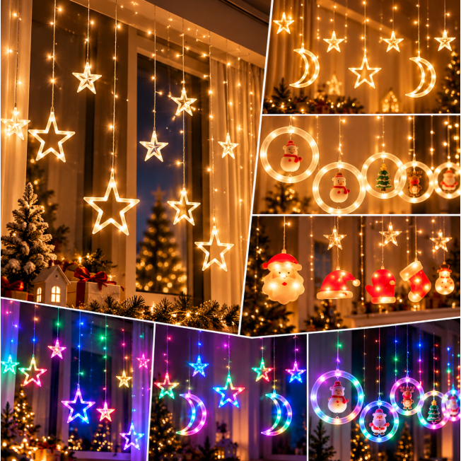 Iluminação de Natal Decoração Cascata Pisca-Pisca Led Estrela Lua Papai Noel Sacada Luz RGB Amarela