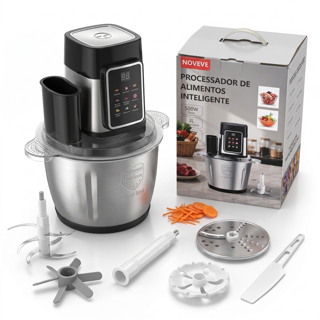 Processador de Alimentos Elétrico 3L Inox Triturador de Carne Moedor Multifuncional 110V