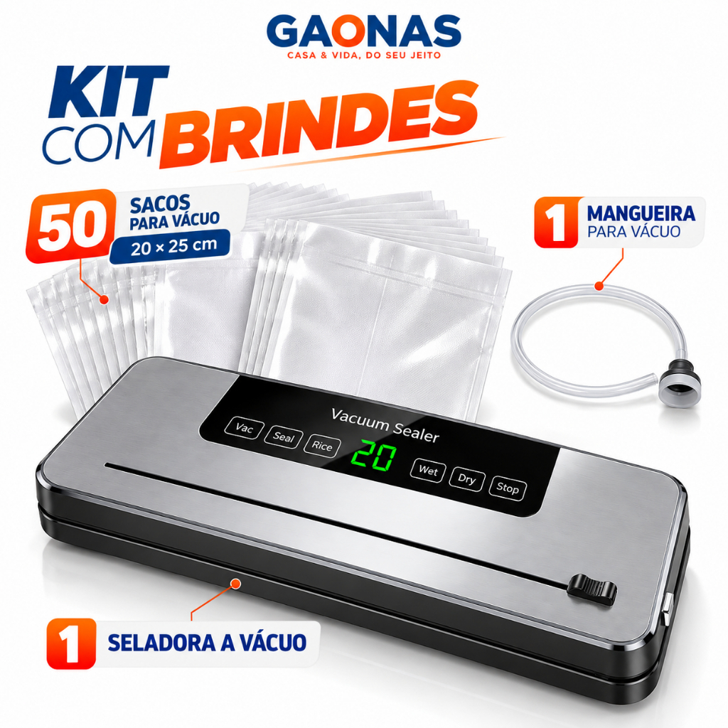 GN-Máquina de Selagem Seladora a Vácuo 6 em 1 com Cortador 30cm + 50 Sacos, Visor Digital, Secos e Úmidos 110V/220V