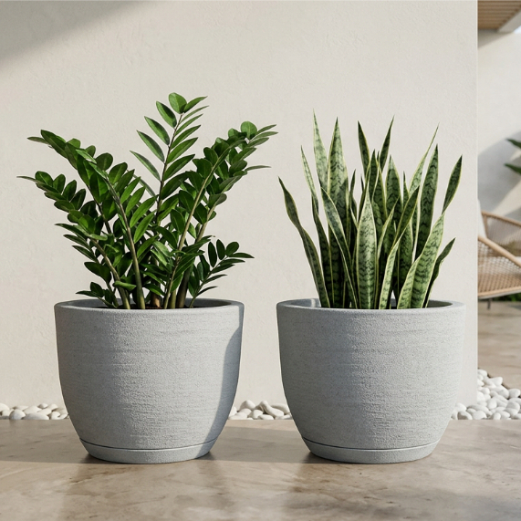 Kit 2 Vasos Decorativos para Plantas Bojo Escovado P ou M em Polietileno Flor Casa Jardim com Prato