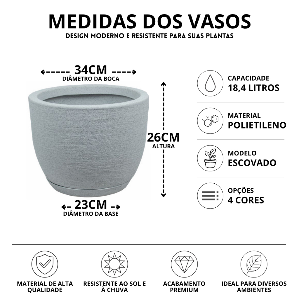 Kit 2 Vasos Decorativos para Plantas Bojo Escovado P ou M em Polietileno Flor Casa Jardim com Prato — imagem 2 de 2