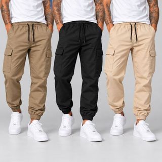 Kit 3 Calça Cargo Masculina Jogger Sarja Streetwear Com Punho e Cordão 34 ao 44 + 3 Cores