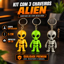 Kit 3 Chaveiros ET Alien Articulado 3D - Boneco Alienígena p/ Chaves Mochila Bolsa Presente Geek Colecionável