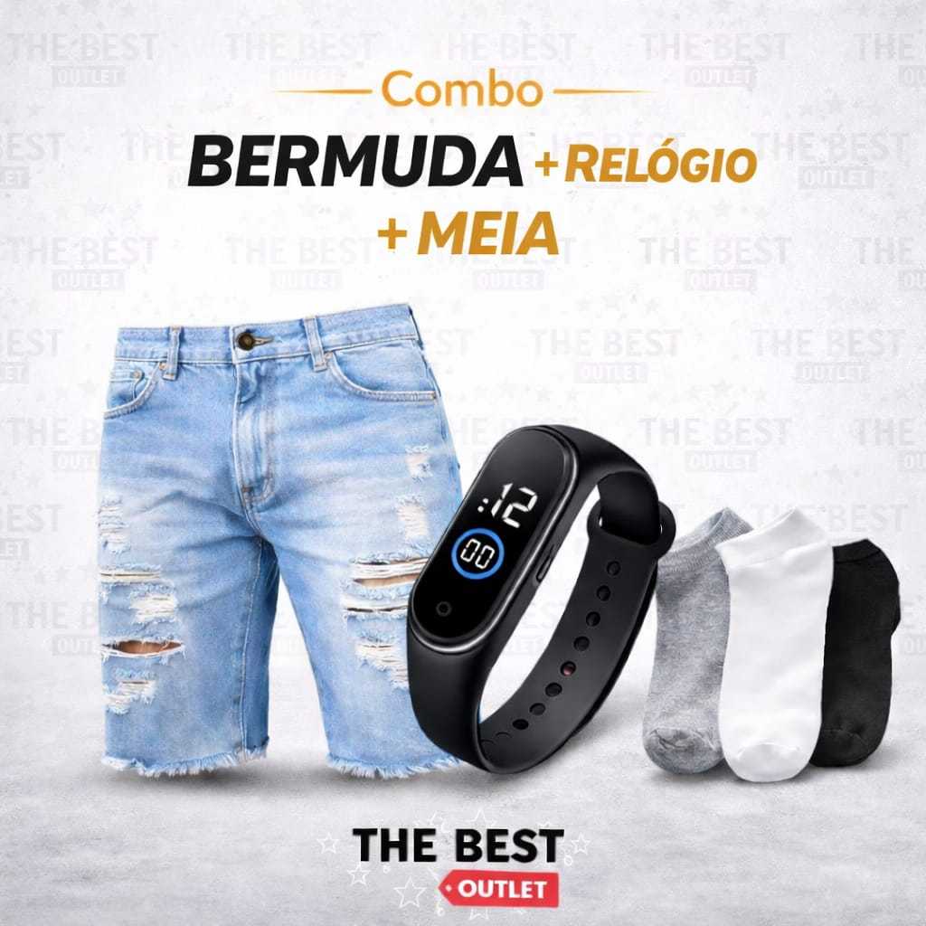 Kit Masculino Bermuda Jeans Rasgada + Relógio Esportivo + Meia