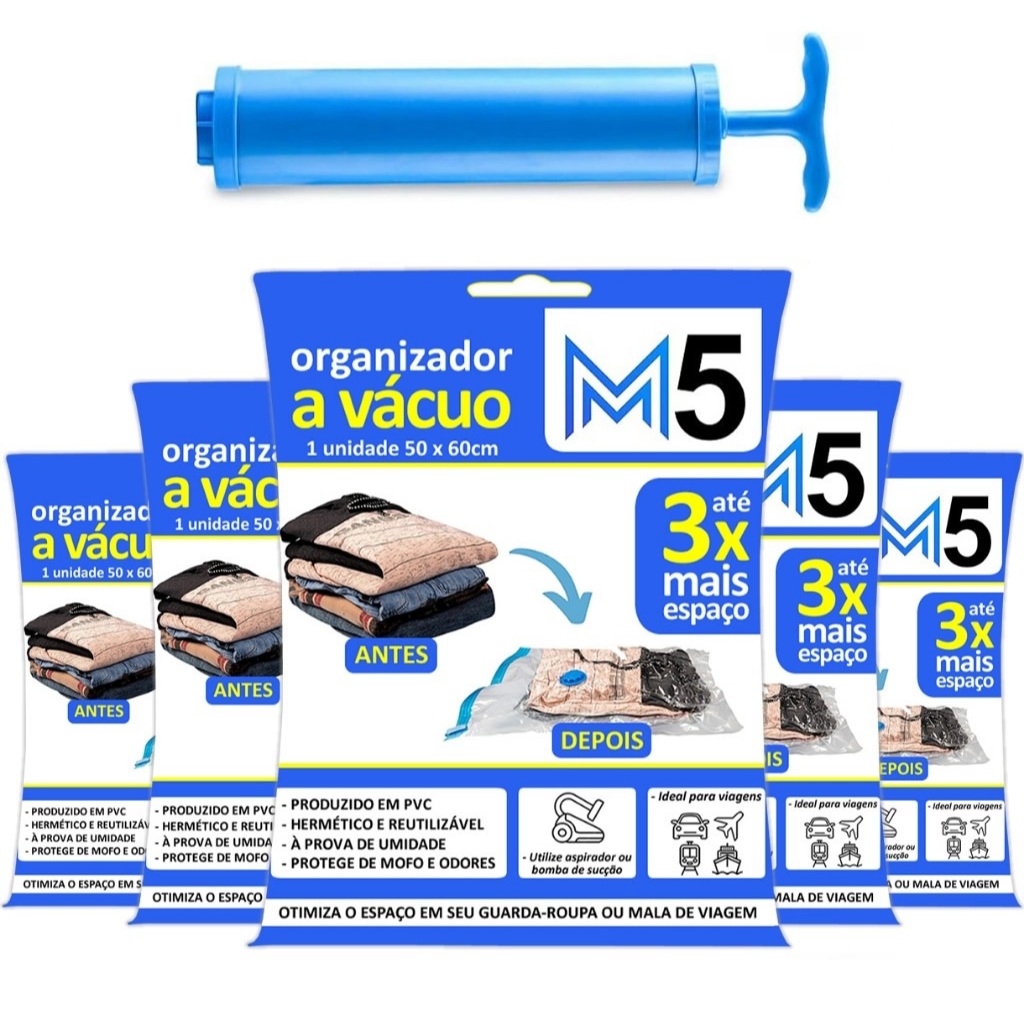 Imagem Kit Saco a Vácuo 50x60cm Organizador Hermético de Roupas Mala de Viagem Guarda Roupa + Bomba