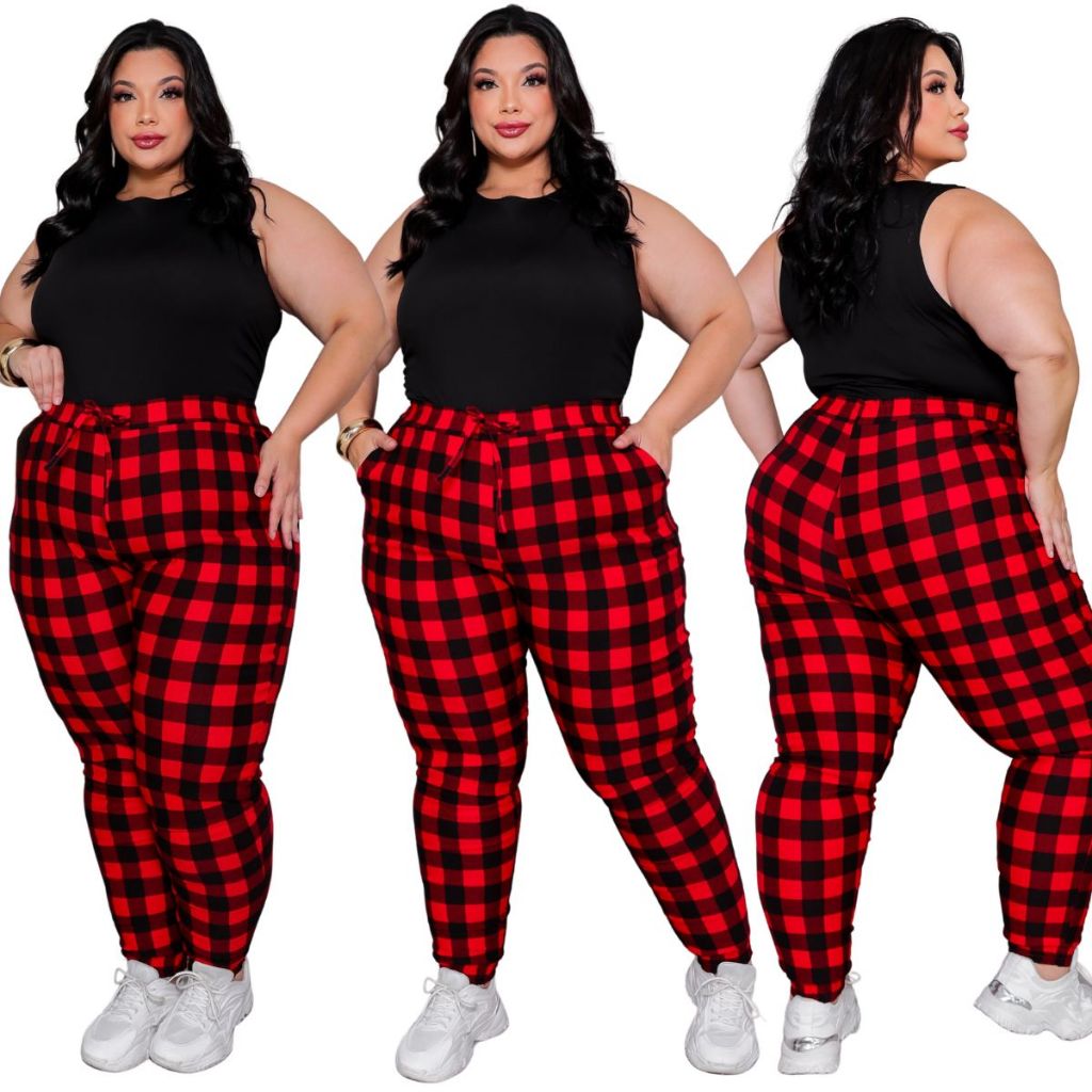 Calça Feminina Plus Size Jogger M G GG G1 G2 G3 G4 Premium Bengaline Quadriculada Festa Junina Arraial Quadrilha s S s s