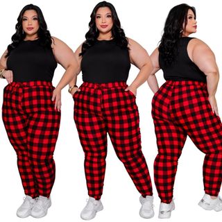 Calça Feminina Plus Size Jogger M G GG G1 G2 G3 G4 Premium Bengaline Quadriculada Festa Junina Arraial Quadrilha s S s s
