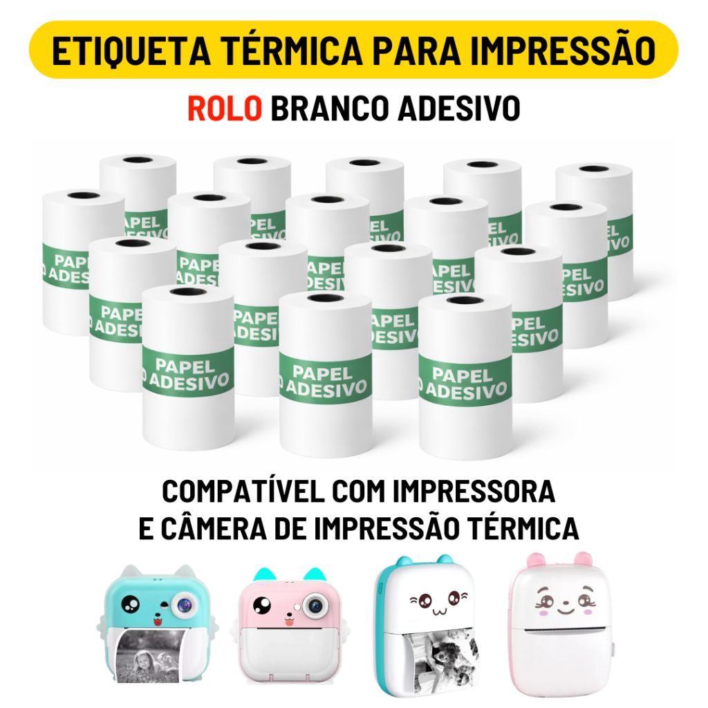 Rolo Etiqueta Térmica Adesiva Branco 57mm Refil Bobina Para Mini Impressora Portátil e Maquina Fotográfica em Oferta na Shopee