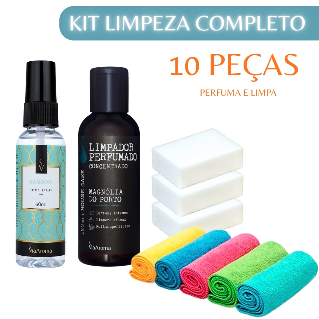 Kit Via Aroma Home Spray Limpador Perfumado Panos Microfibra Limpeza Completa Casa Cheirosa