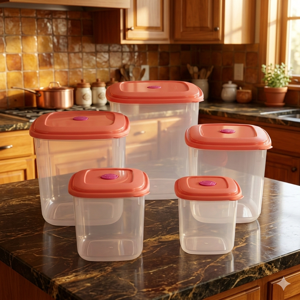 CONJUNTO POTE 5 PEÇAS COM TAMPA PORTA ALIMENTO MANTIMENTO PLÁSTICOS SANREMO - LARANJA