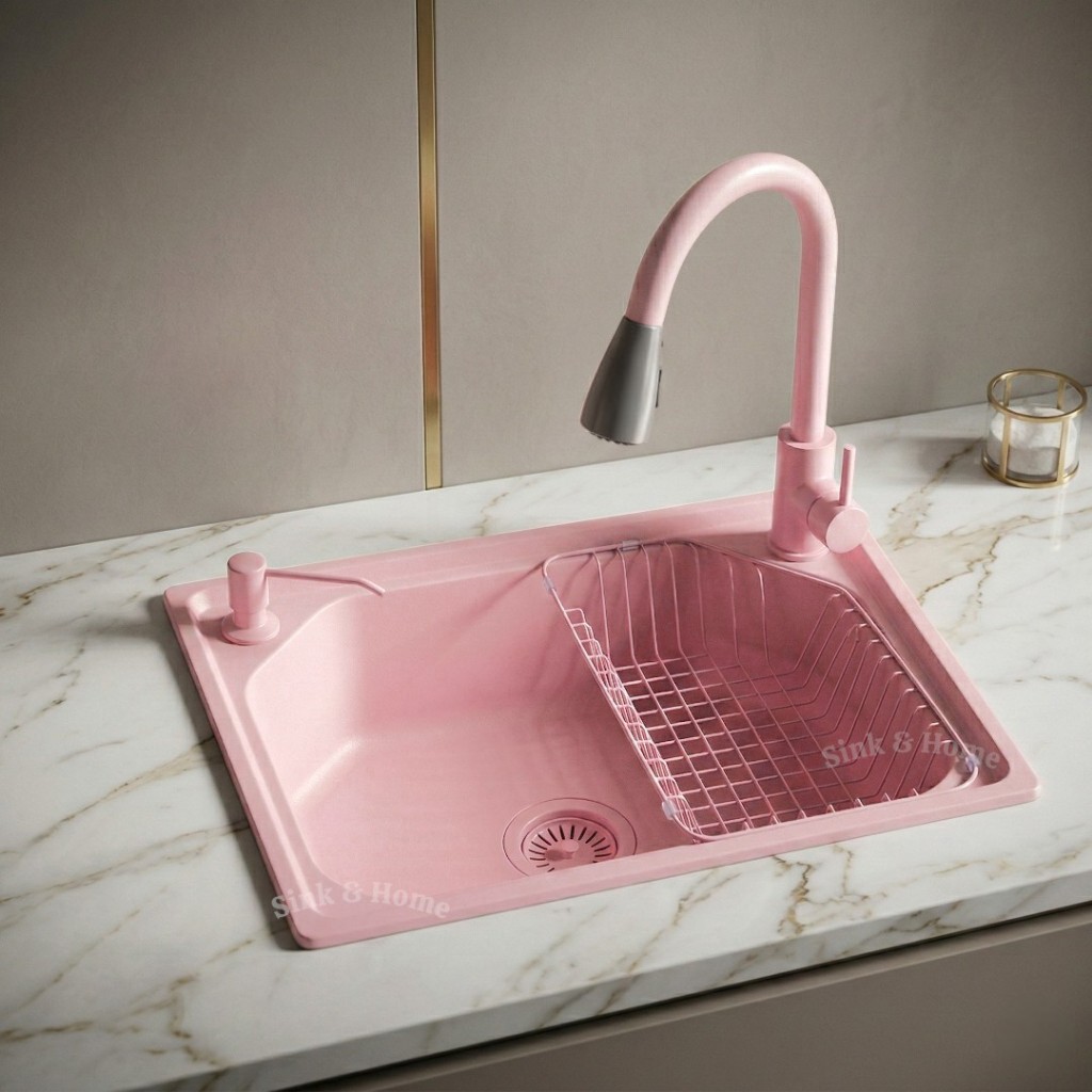 Cuba de Cozinha Rosa 57x43 CM + Torneira Rosa 42 CM Inox Cuba Gourmet P/ Sobrepor Embutir Cuba Gourmet P/ Bancada