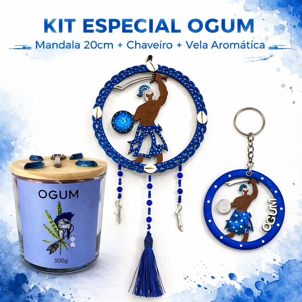 Kit Ogum Imagem Quadro Mandala 20cm + Vela Aromática 300g + Chaveiro Personalizado