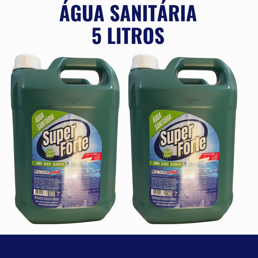 ÁGUA SANITÁRIA 5L SUPER FORTE – LIMPEZA PESADA, DESINFECÇÃO E ALTO RENDIMENTO ELIMINA ODORES E SUJEIRAS DIFÍCEIS.