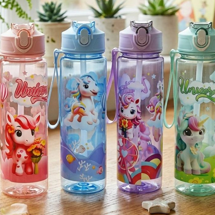 Garrafa de Água Infantil 700ml Unicórnio Com Canudo de Silicone – Tampa Com Trava de Segurança e Alça Para Escola