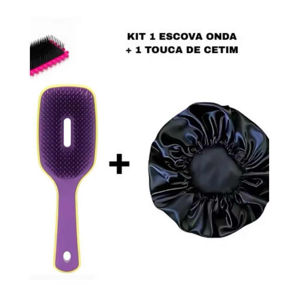 Kit Escova + Touca de Cetim, para todos os tipos de cabelos, Sem Frizz, Escova com cerdas macias, para Dormir