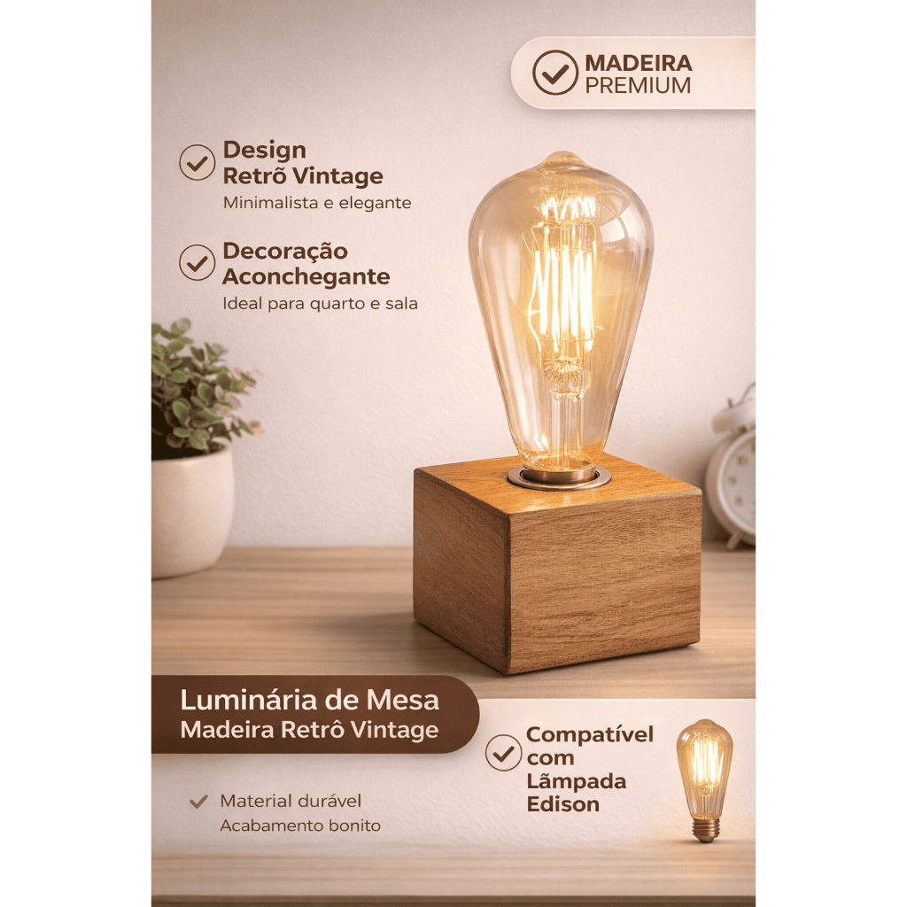 Luminária de Mesa Madeira Retrô Vintage com Soquete – Abajur Decorativo Quarto Sala Cabeceira
