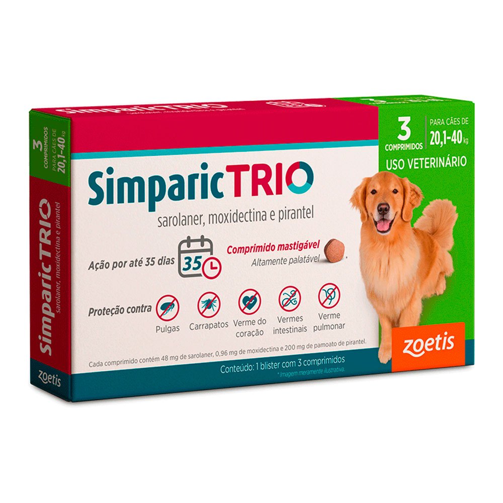 Simparic Trio 48mg Antipulgas e Carrapatos Para Cães 20,1 a 40kg 3 Comprimidos