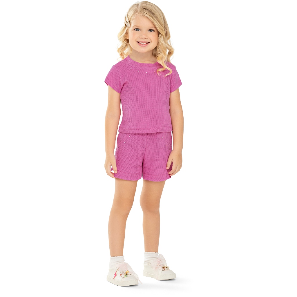 Conjunto Menina Angero Original Blusa e Shorts Pink Texturizado Ref 37105