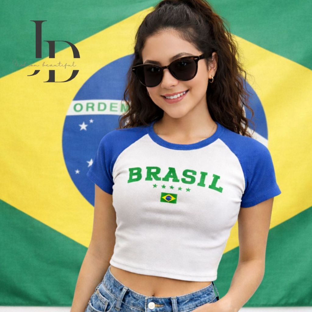 Top Cropped Canelado  seleção Brasileira Com Estampa Frontal –  Manga Curta Ou Regata Casual