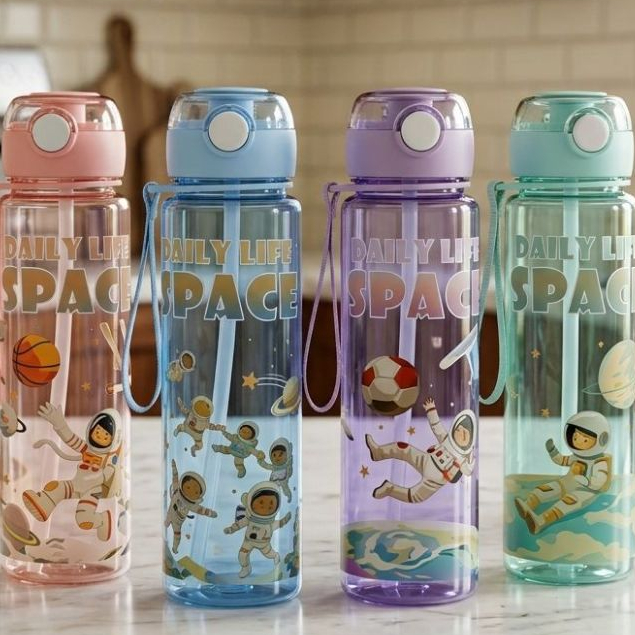 Garrafa Portátil Infantil Astronauta 700ml – Tampa Segura, Canudo Interno e Design Divertido