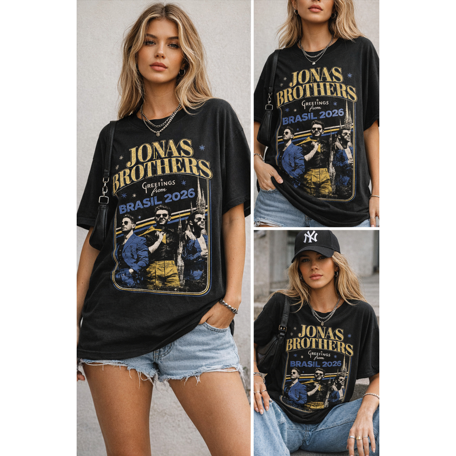 Camiseta Preta Jonas Brothers Oversized Streetwear Show Festival Lançamento Brasil 2026 Pop Joe Nick Irmãos Jonas