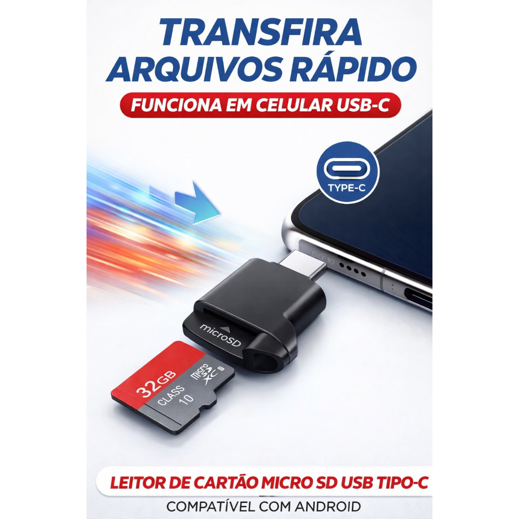 Leitor Cartão Micro SD Tipo C USB-C OTG Android Alta Velocidade 2TB