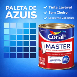 Tinta Acrílica Coral Master Premium Lavável Tons de Azul 1/4 Exterior Sem Cheiro Paredes 25 Cores