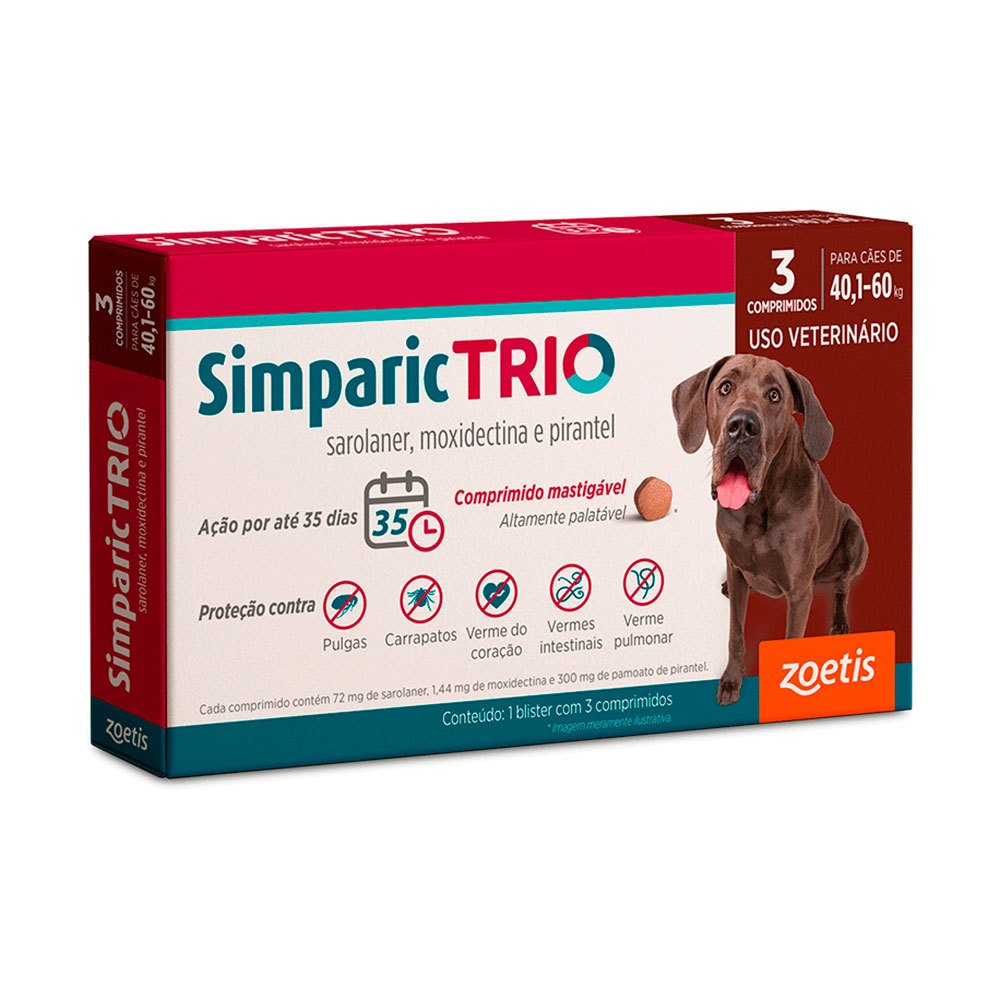 Simparic Trio 72mg Antipulgas e Carrapatos Para Cães 40,1 a 60kg 3 Comprimidos
