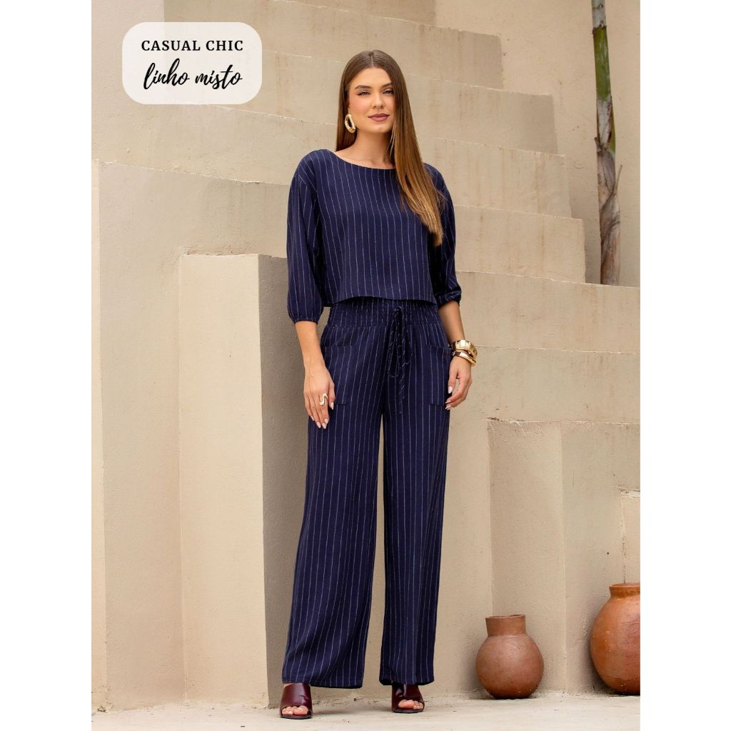 CONJUNTO EM LINHO MISTO LISTRADO – CASUAL CHIC em Oferta na Shopee