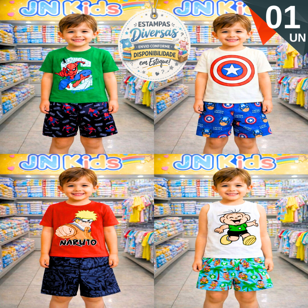 Conjunto Infantil Masculino Camiseta e Short Personagens Homem Aranha Naruto Capitão America Verão