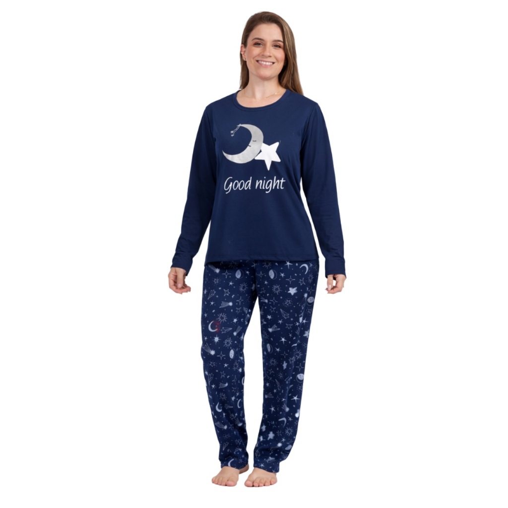 Pijama Feminino Longo Estampado Inverno Manga Longa Calça Comprida em Oferta na Shopee