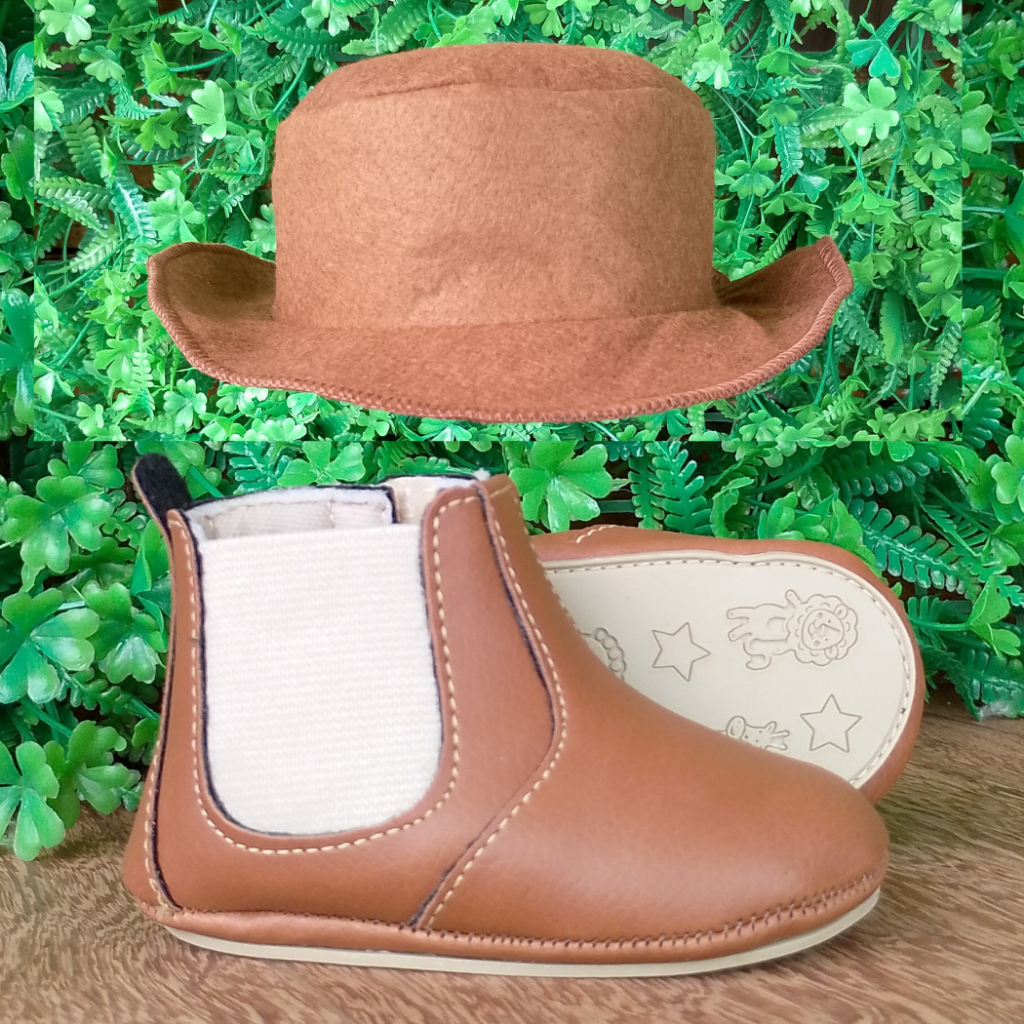 Kit Bebê Country Bota Botina + Chapéu Estiloso Cowboy Rodeio Mesversário