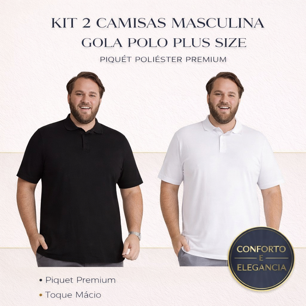 Kit 2 Camisas Masculina Gola Polo Plus Size Piquet Poliéster Premium