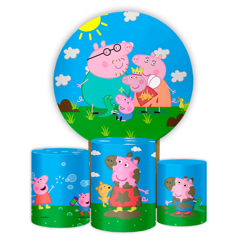 Decoração Painel Redondo + 3 Capas Cilindros Peppa Pig Festa Aniversário Sublimado Sistema Veste Fácil